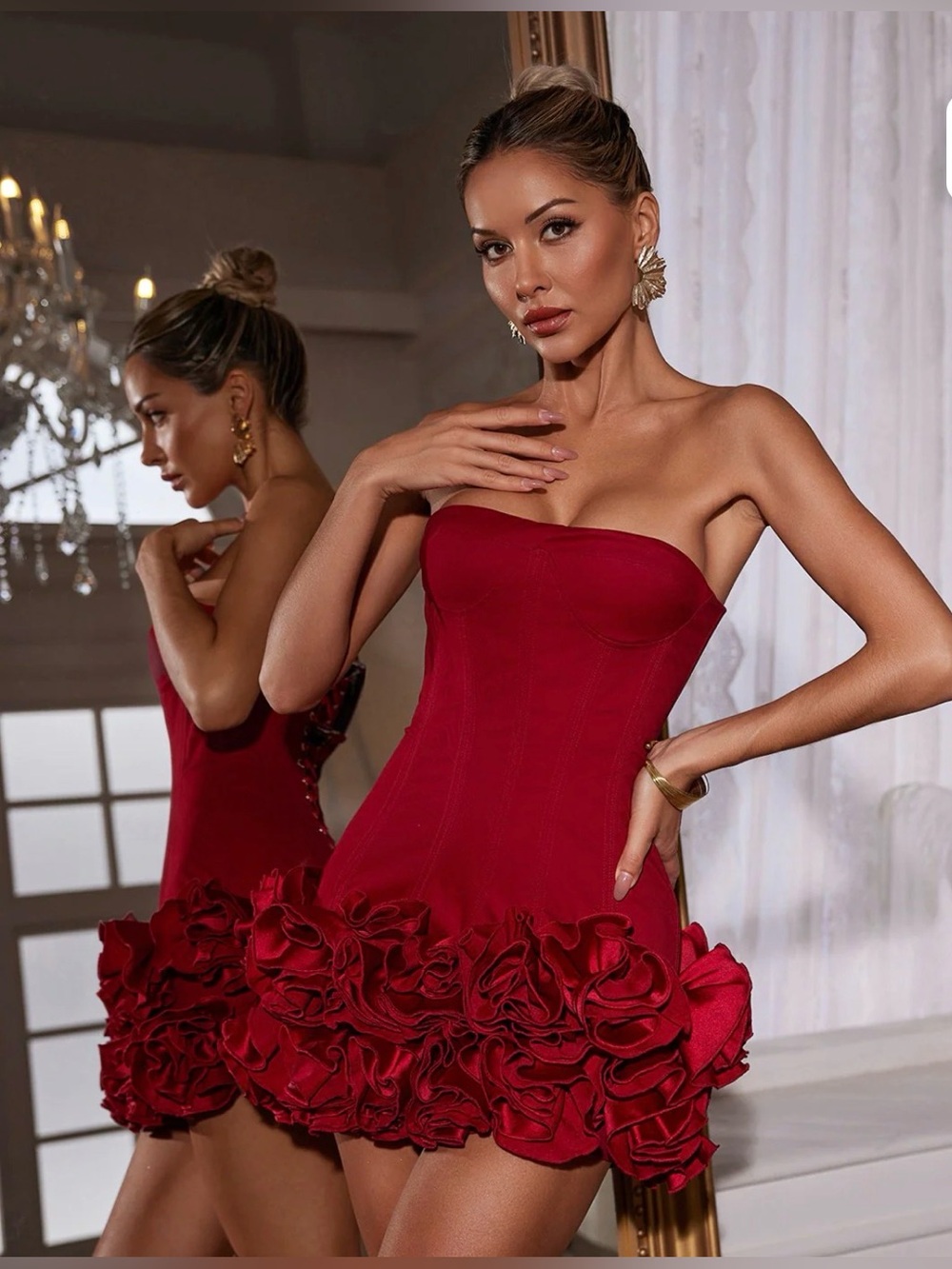 Mew Mews Birtin Strapless Flower Mini Dress Red